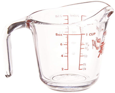 Anchor Hocking Fire-King measuring cup, oven-safe glass for convenient bake prep.