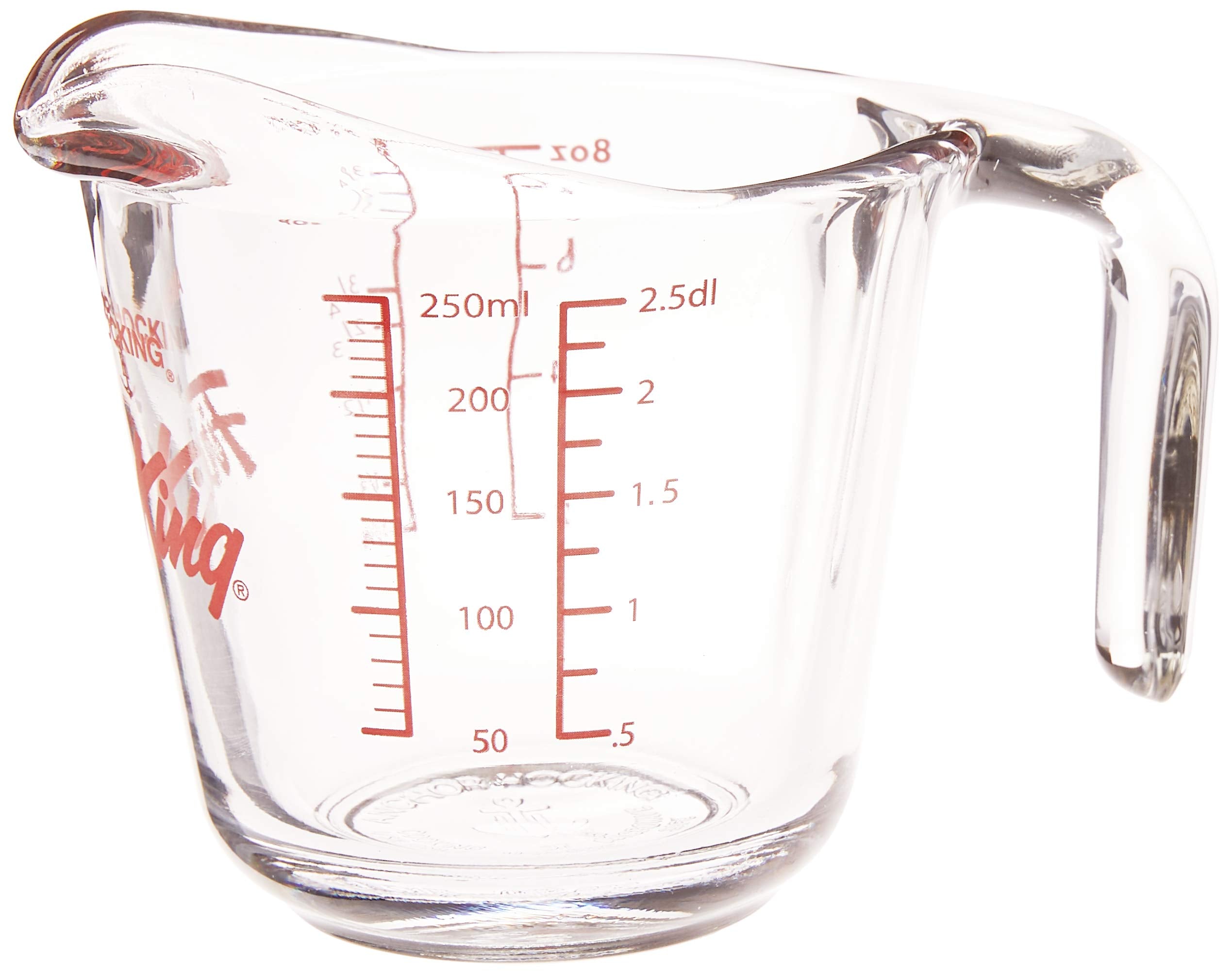 Anchor Hocking Fire-King 1-Cup, red measuring guide aids accurate measurements.