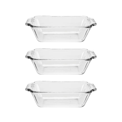 Anchor Hocking glass bread pan 3-pack ready for even baking.