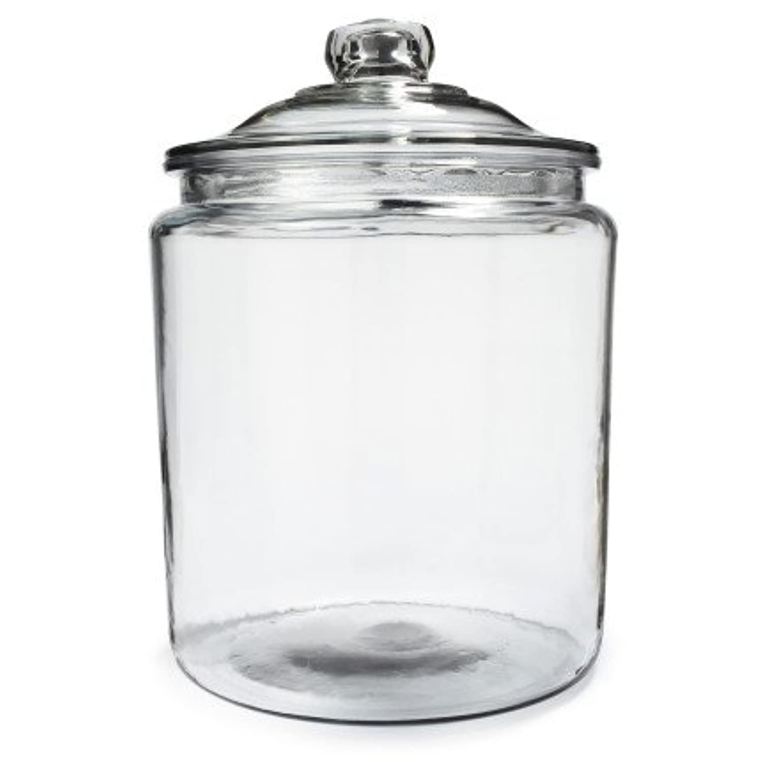 Anchor Hocking Heritage Hill jar with lid on clear glass for snacks.