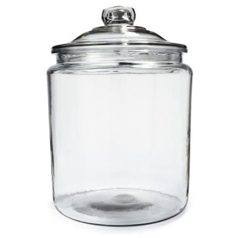 Anchor Hocking Heritage Hill jar with lid on clear glass for snacks.