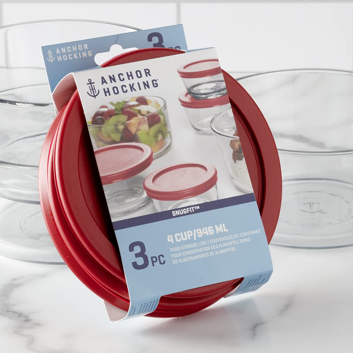 Anchor Hocking three red replacement lids fit Pyrex glass storage for versatile reuse.
