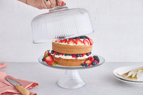Anchor Hocking Monaco glass dome over cake for elegant presentation