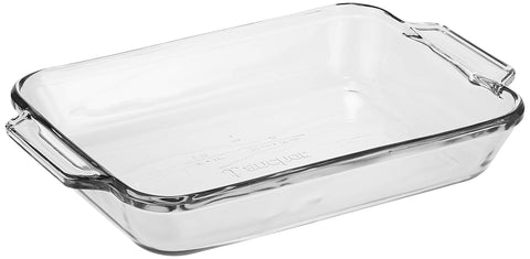 Anchor Hocking Oven Basics glass baking dish front view; durable, clear glass ideal for even heating.