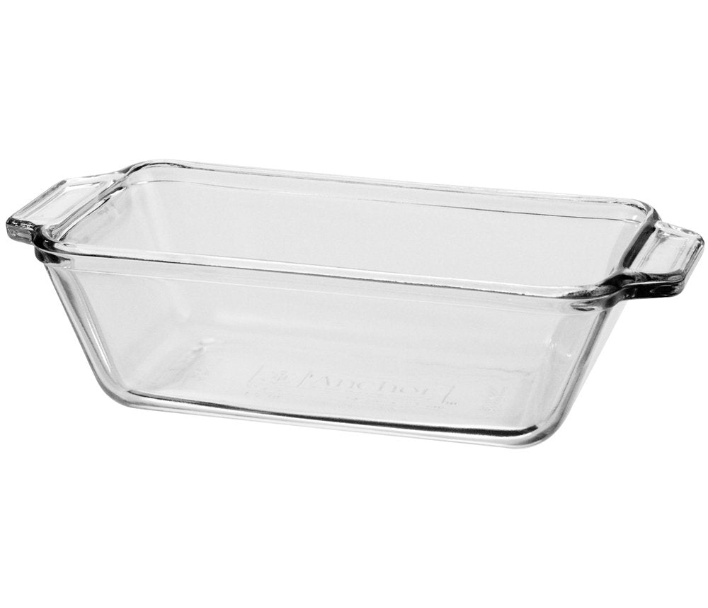 Anchor Hocking Oven Basics loaf dish in clear glass, 1.5-quart capacity for baking and reheating.