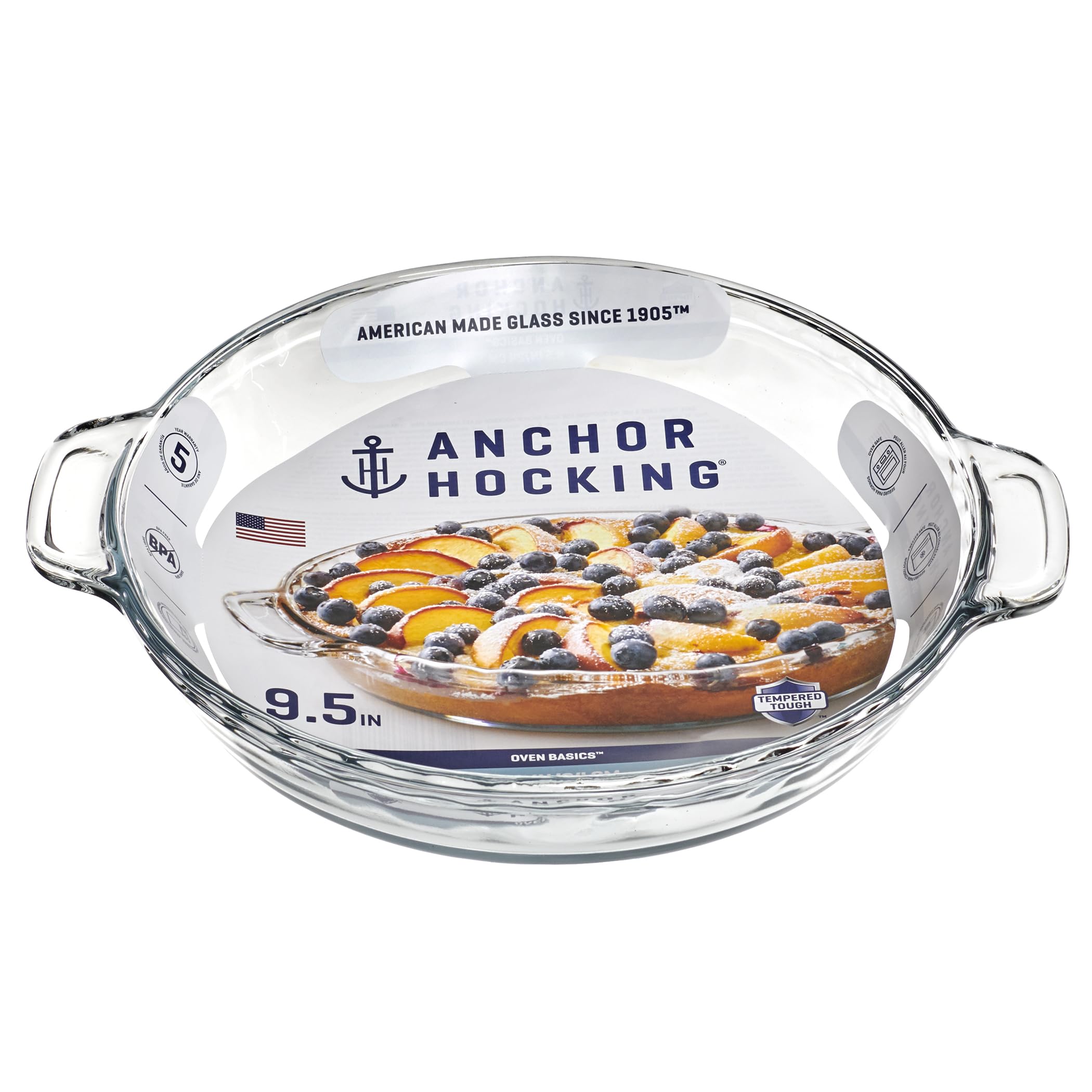 Anchor Hocking pie plate made in the USA, a non-reactive, long-lasting bakeware choice.