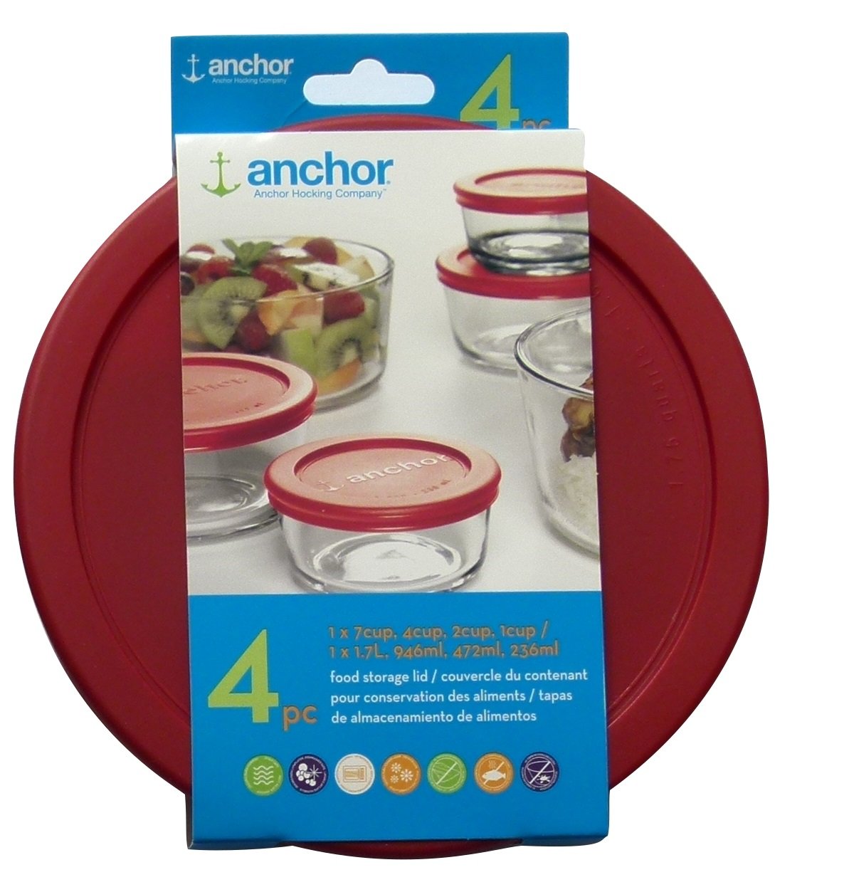 Anchor Hocking red round lid for 7-cup bowl keeps contents fresh and sealed.