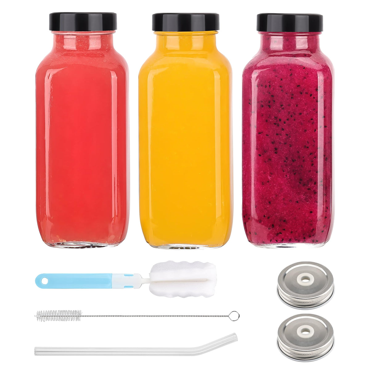 Andemi 16oz juice bottle with lid, front view showing secure seal and clarity