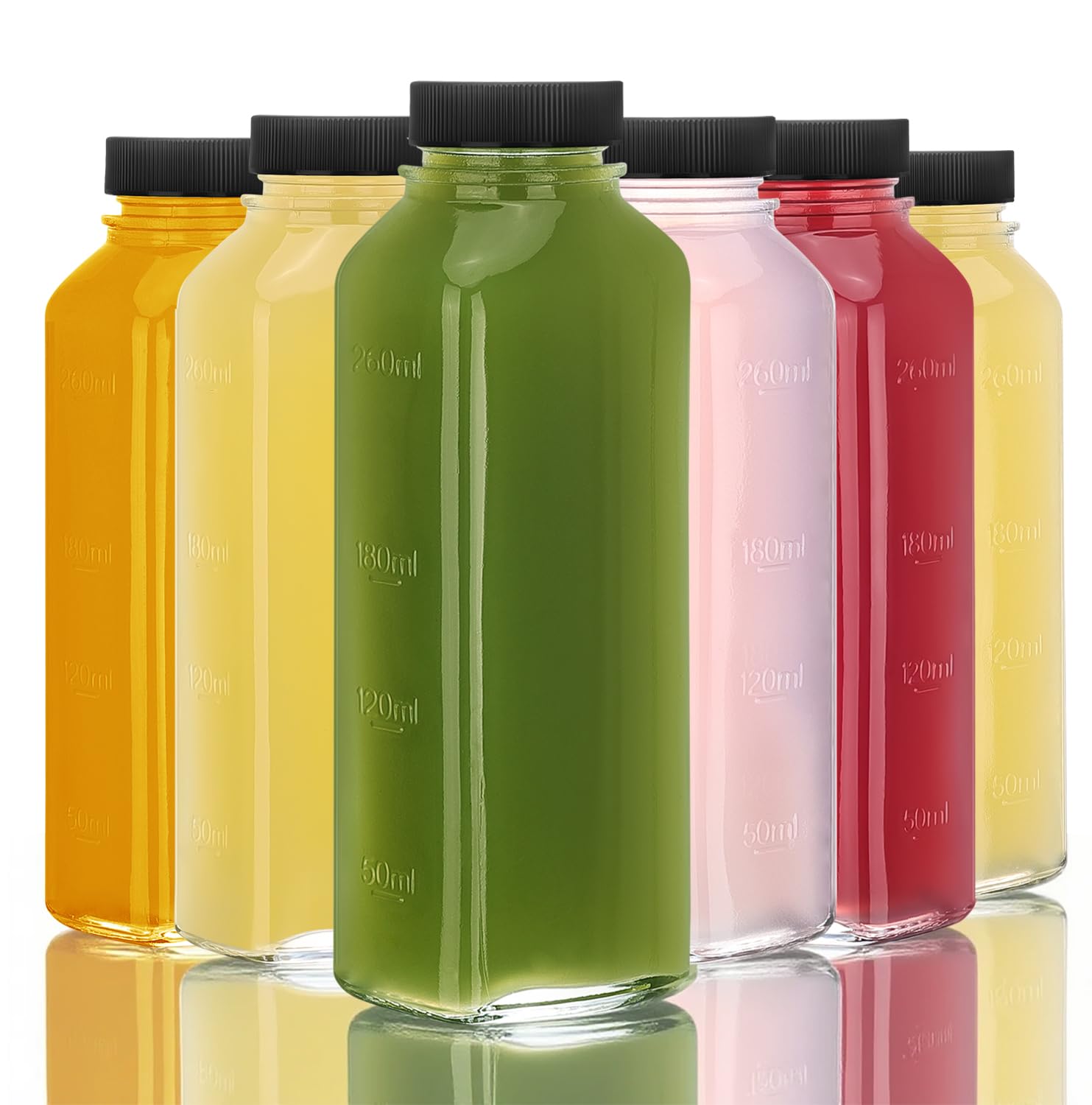 Andemi 6-pack glass juice bottles with lids for on-the-go freshness.
