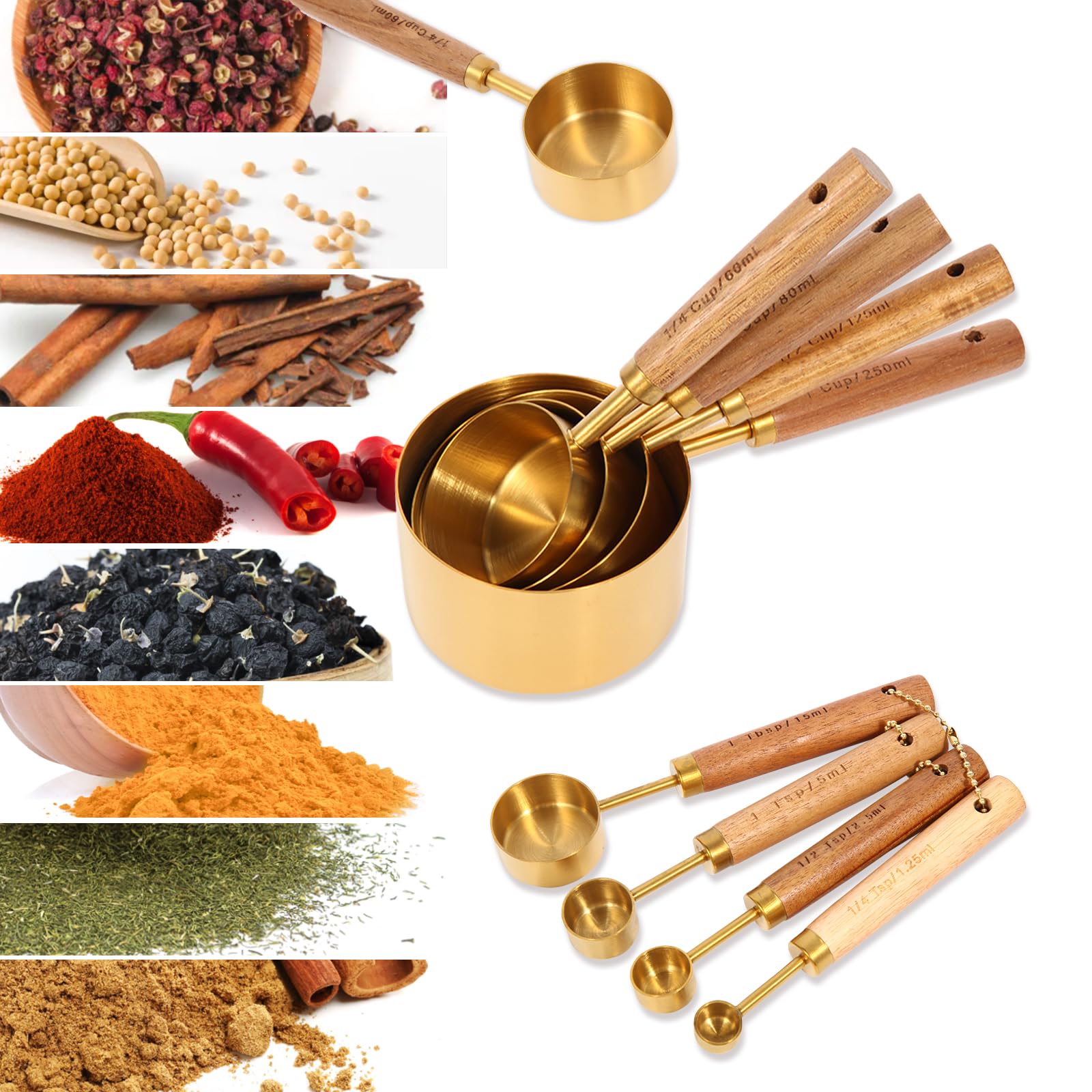 ANDGELOO gold measuring cups with wood handles displayed from above, modern kitchen essential.