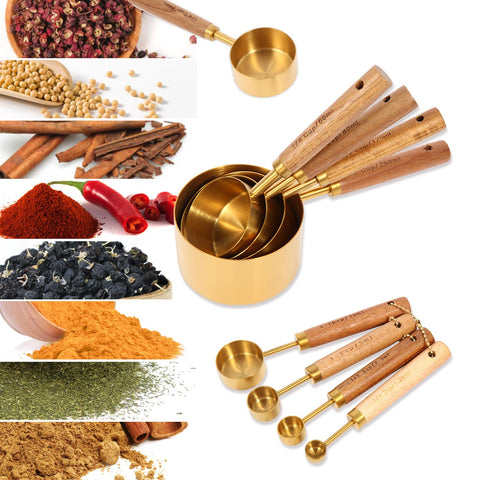 ANDGELOO gold measuring cups with wood handles displayed from above, modern kitchen essential.