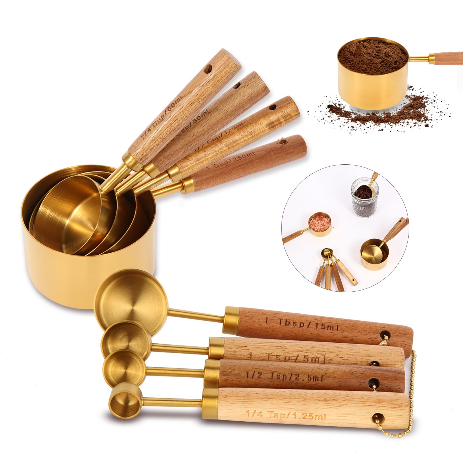 ANDGELOO gold measuring cups with wood handles in top view, durable and stylish for everyday cooking.