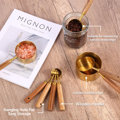 ANDGELOO gold measuring spoons with wood handles close-up, high-quality stainless steel durability.