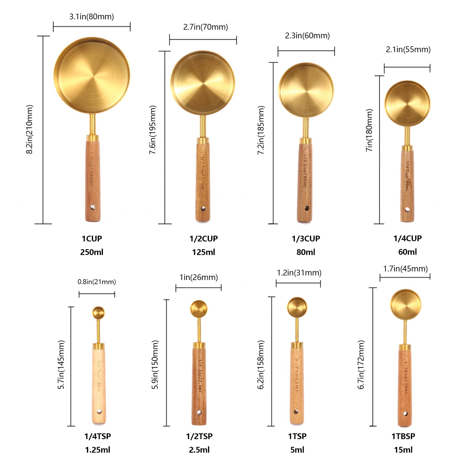 ANDGELOO gold measuring spoons with wood handles in side view, precise portions for recipes.