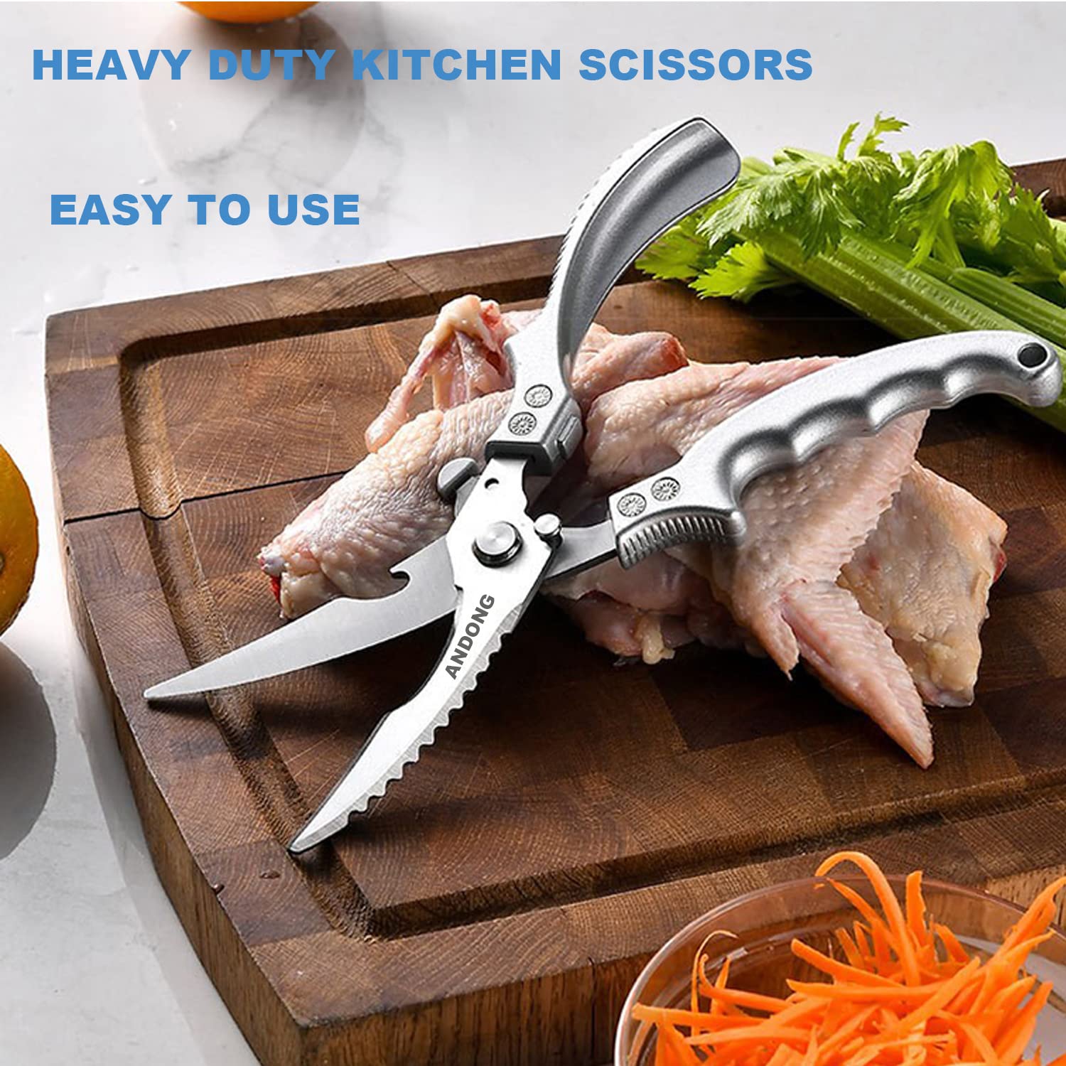 ANDONG multi-purpose kitchen scissors in use for poultry, seafood, and vegetables