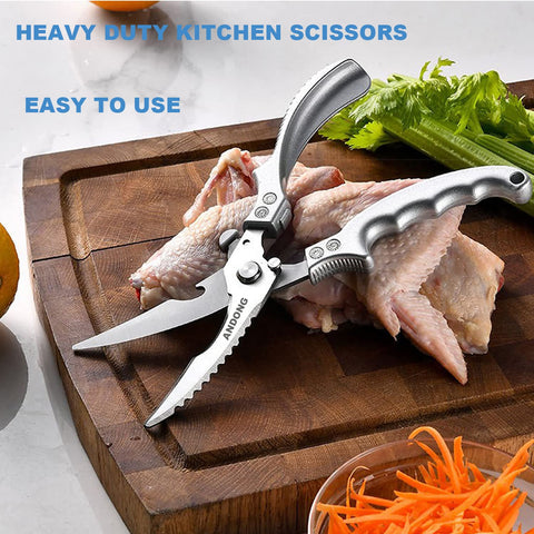 ANDONG multi-purpose kitchen scissors in use for poultry, seafood, and vegetables