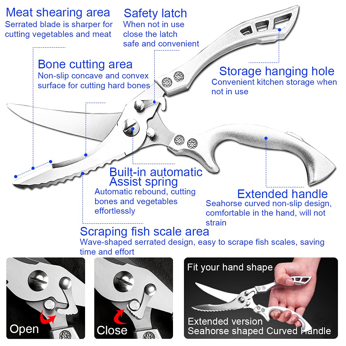 Andong poultry shears with spring-loaded action for bone and cartilage cutting