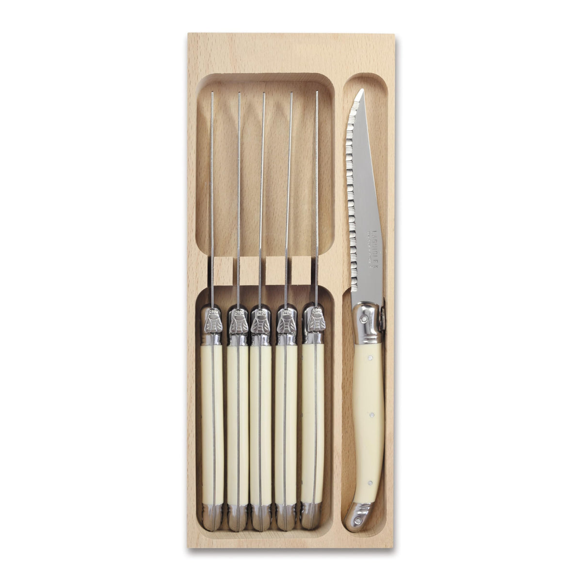 Andre Verdier Laguiole six-piece set closeup of ivory handle for precise at-table slicing.