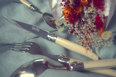 Andre Verdier Laguiole ivory-handled knives in gift box ideal for gifting.