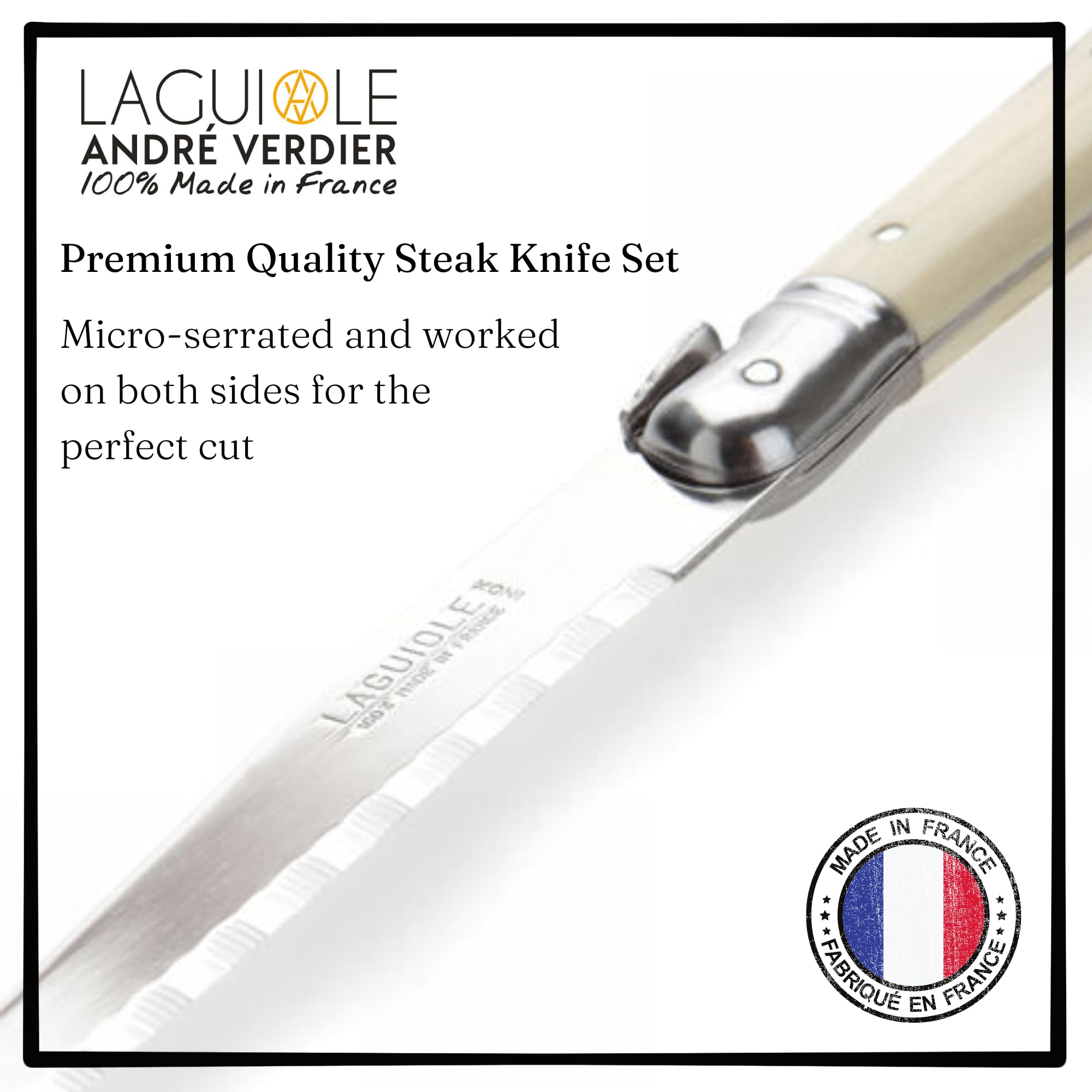 Andre Verdier Laguiole with bee emblem on the handle highlighting authenticity.