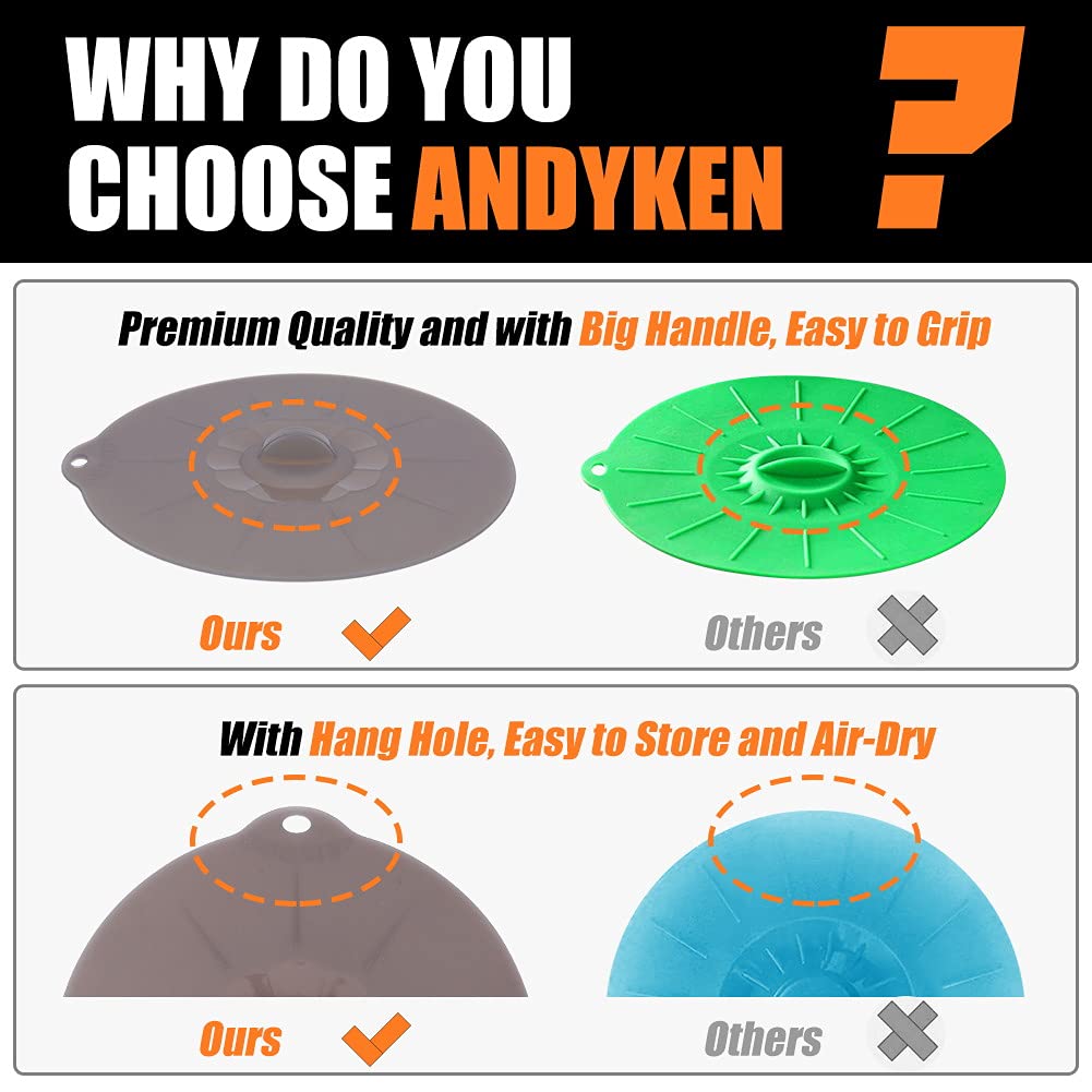 ANDYKEN silicone lid 6-inch for pots and pans, flexible seal reduces mess.