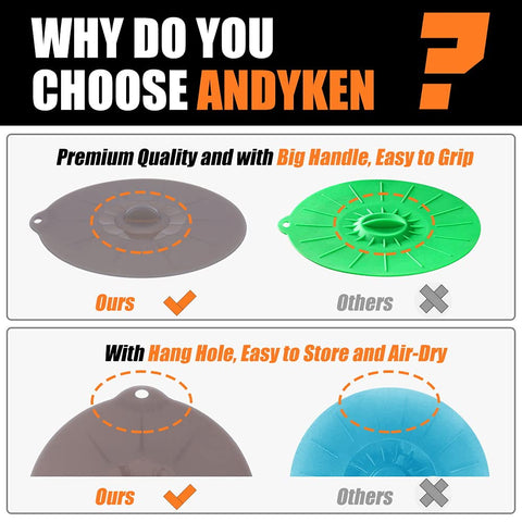 ANDYKEN silicone lid 6-inch for pots and pans, flexible seal reduces mess.