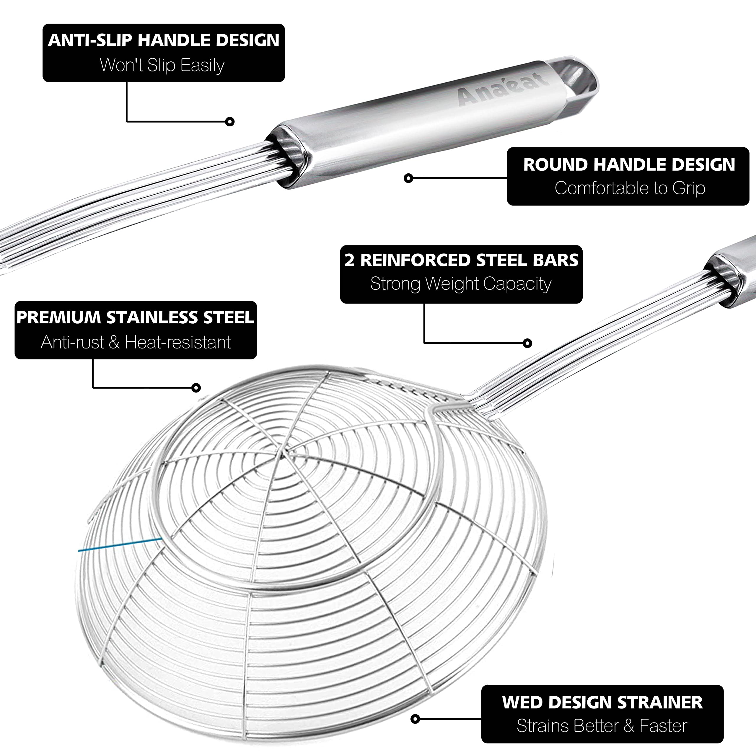 Versatile skimmer for pasta, fries, and eggs.