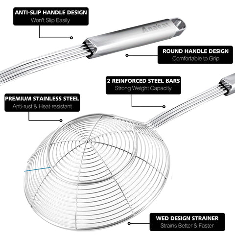 Versatile skimmer for pasta, fries, and eggs.