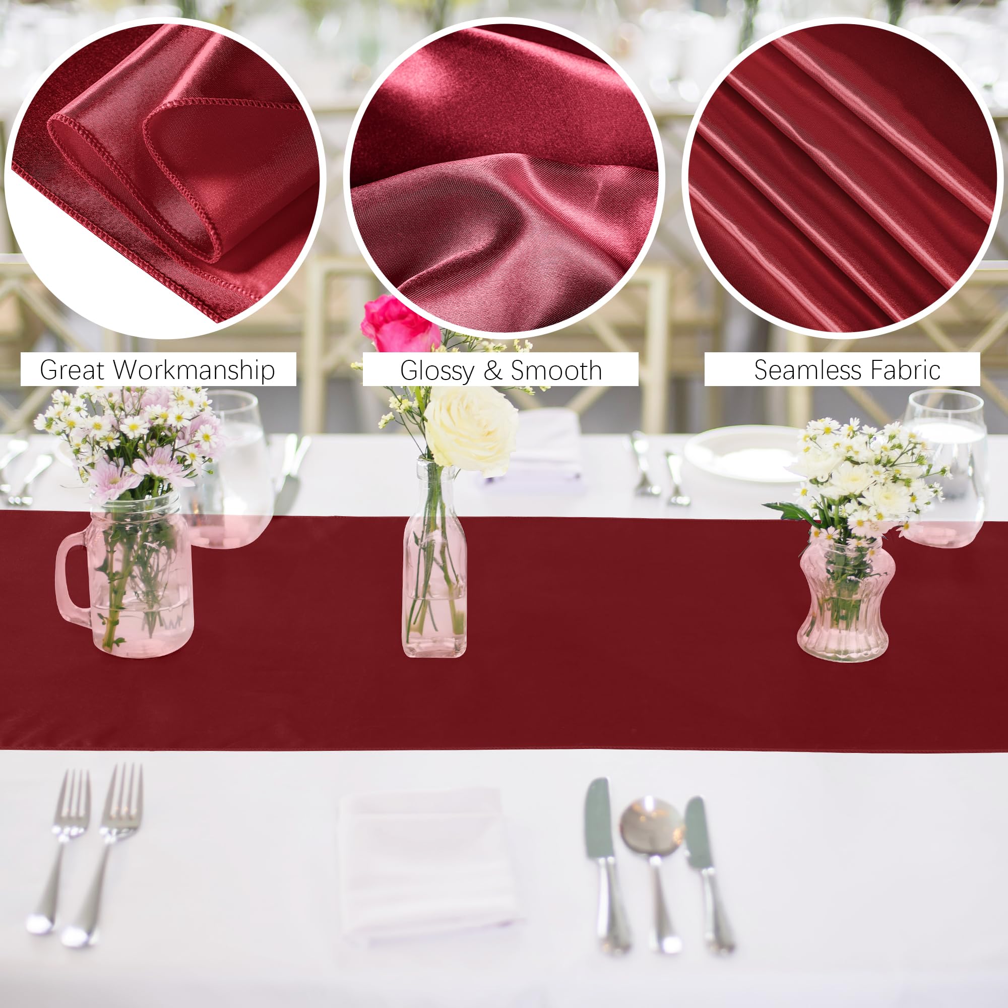 Aneco burgundy satin table runner fits 10–12 seat banquets beautifully