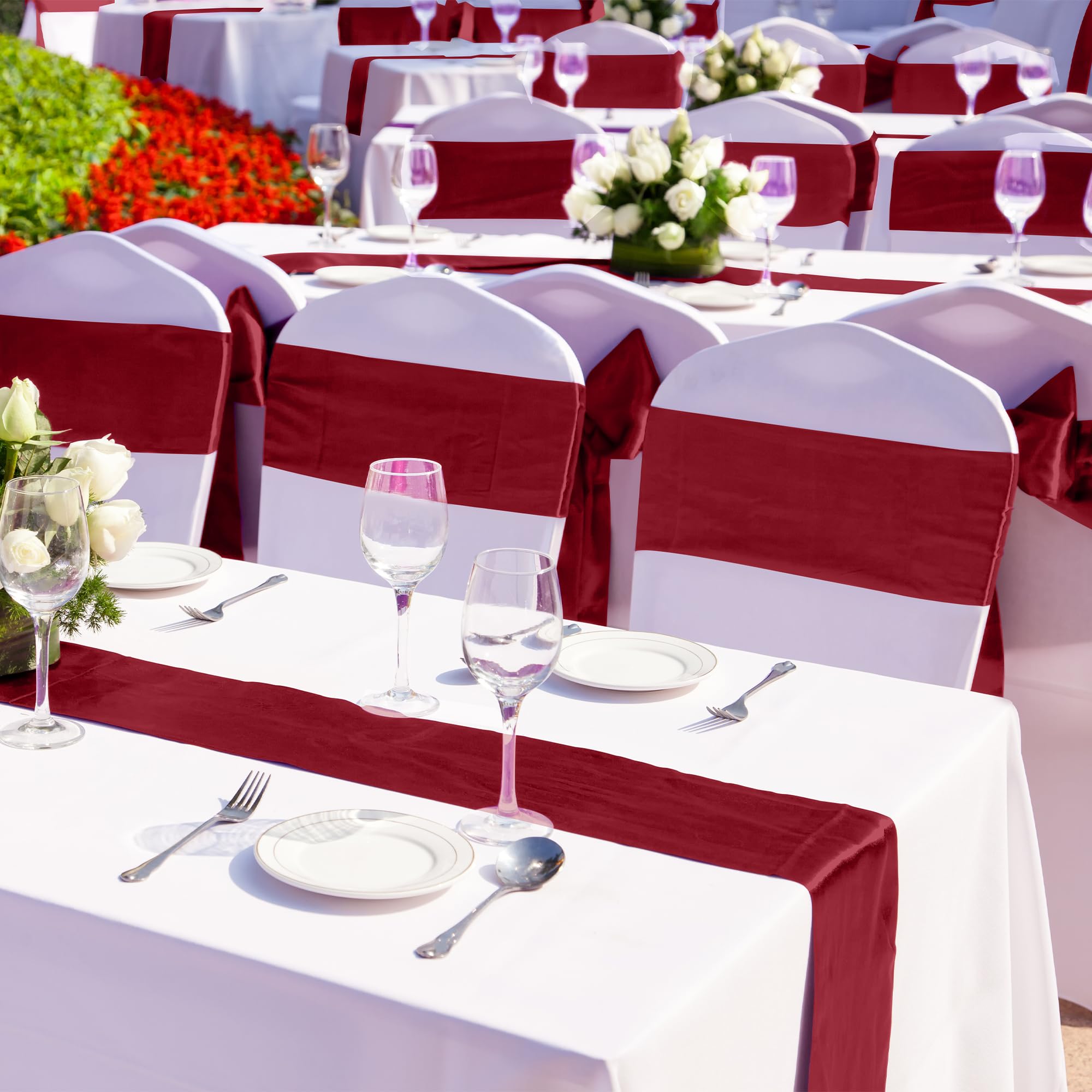 Aneco burgundy satin runner length provides ample drape for long tables