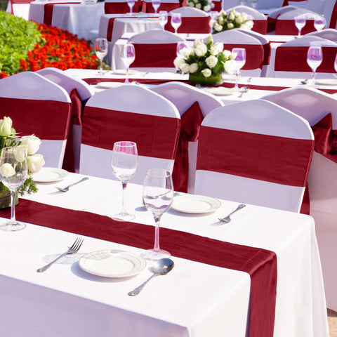 Aneco burgundy satin runner length provides ample drape for long tables