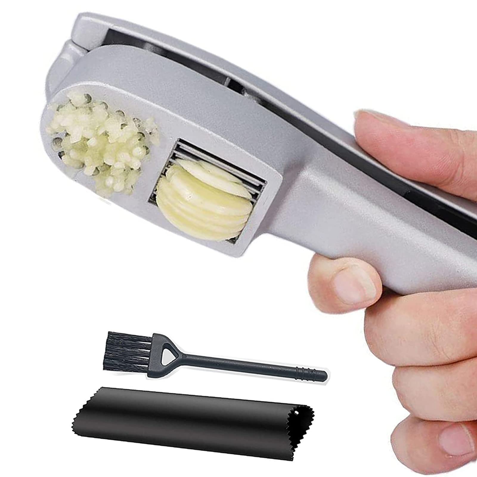 Anerong garlic press front view showing dual mincing and slicing design for quick prep