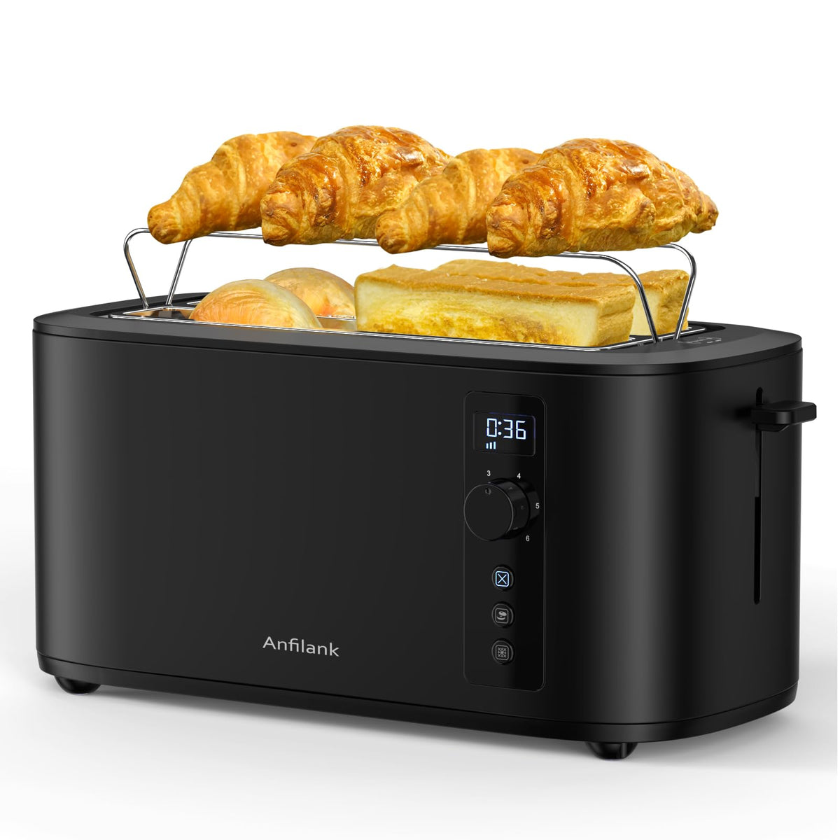 Anfilank toaster with a 4 slice long slot for artisan bread and bagels, even toasting.