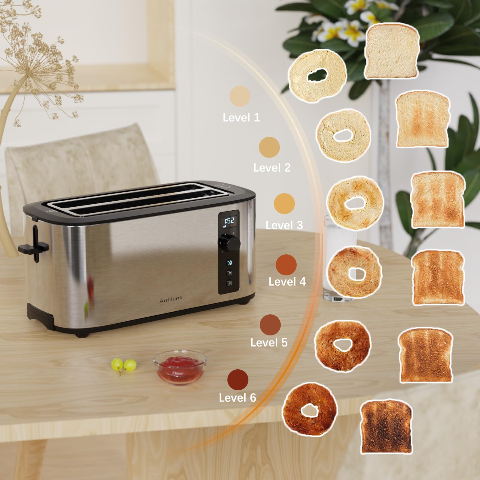 Anfilank Toaster bagel and defrost presets in action