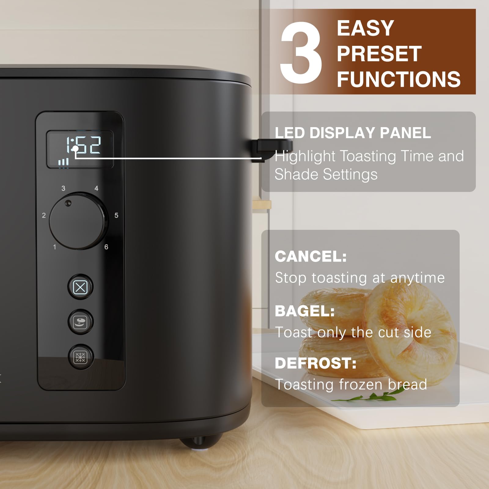 Anfilank built-in defrost and bagel presets for versatile morning toasting.