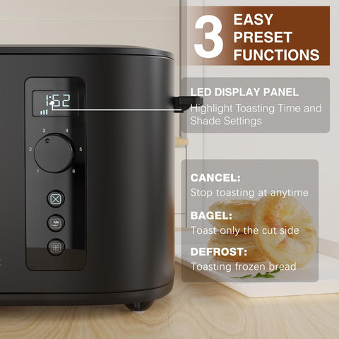 Anfilank built-in defrost and bagel presets for versatile morning toasting.