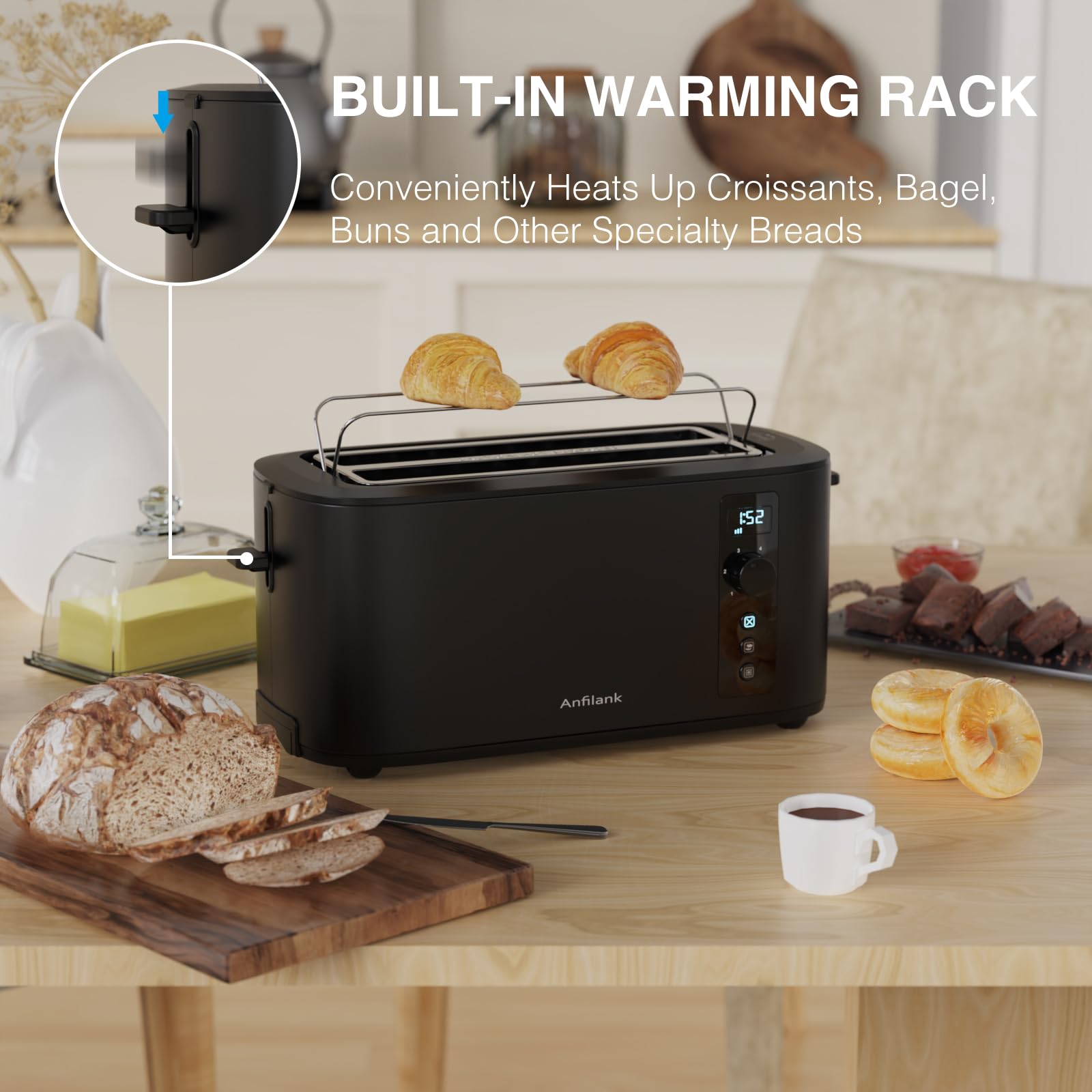 Anfilank toaster built-in warming rack for gentle warmth of pastries.
