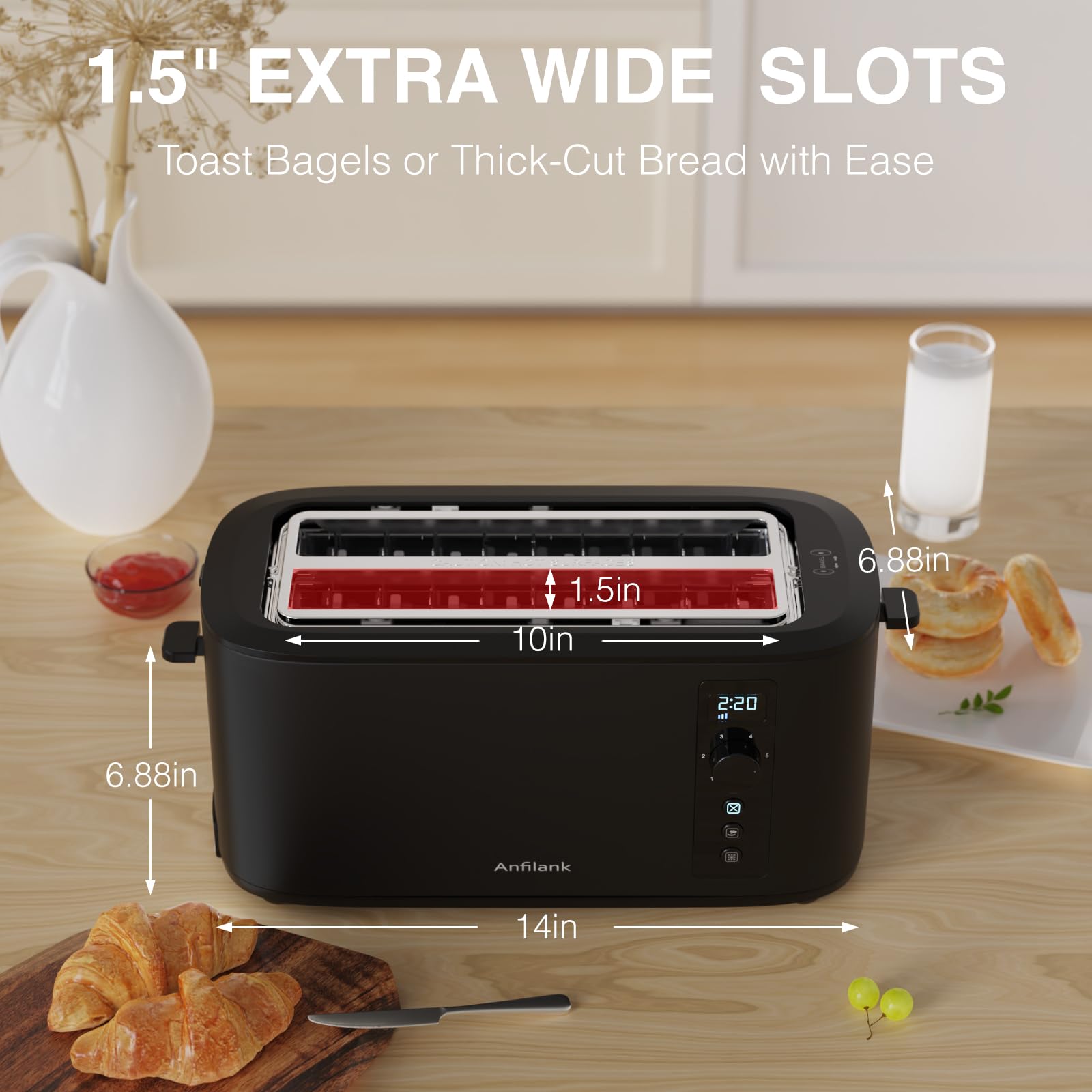 Anfilank toaster countdown timer and LED display aid precise browning control.