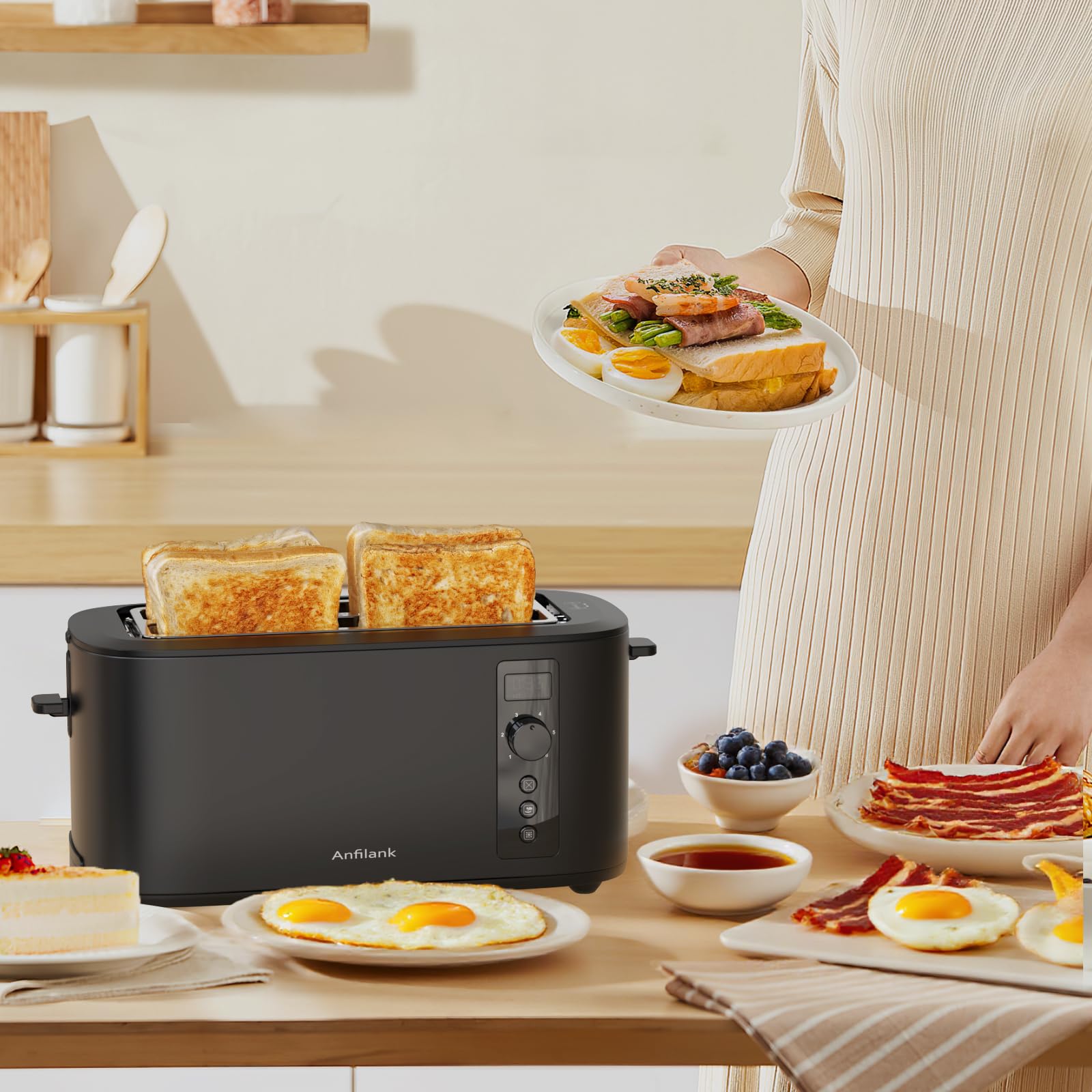 Anfilank matte black toaster design complements modern kitchens.