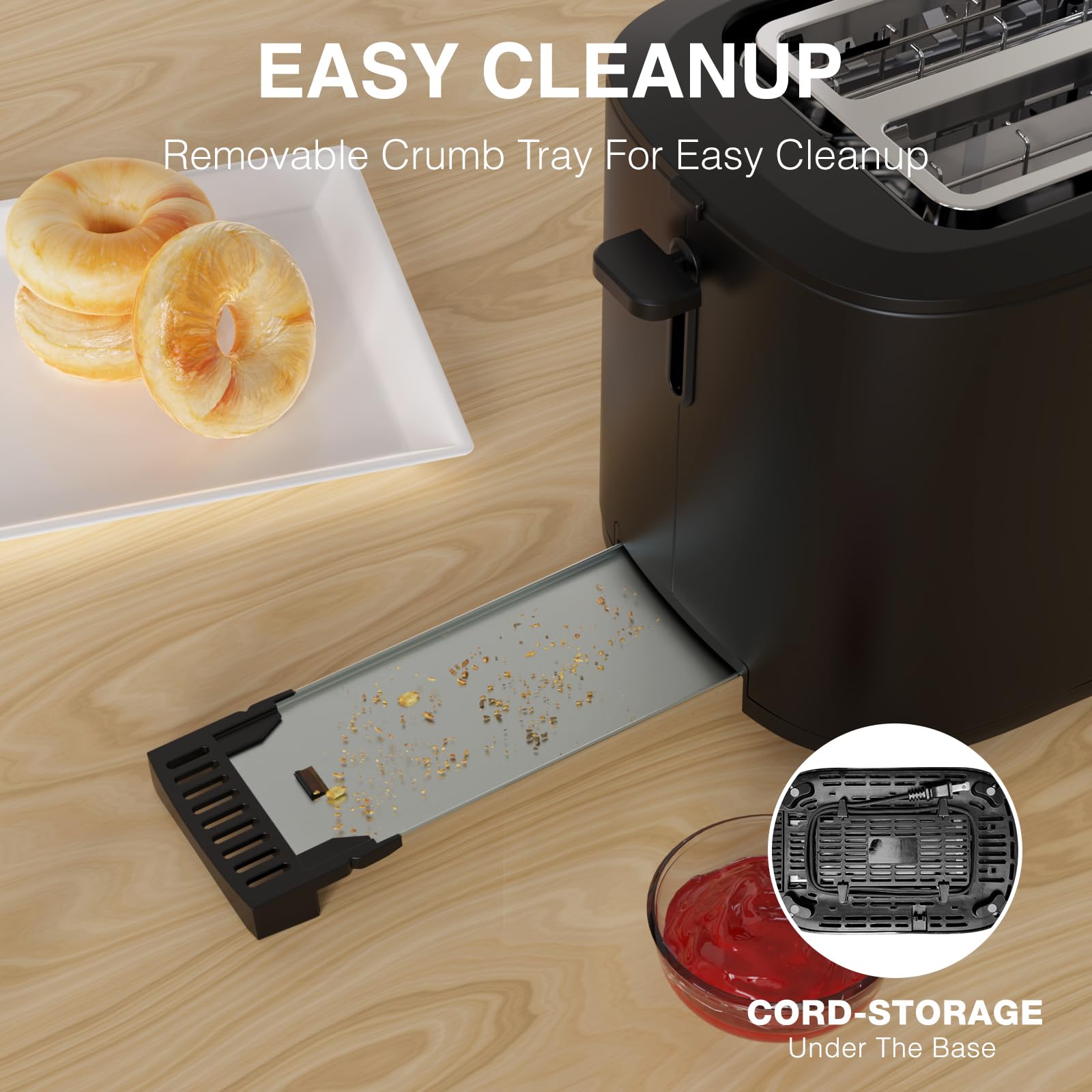 Anfilank crumb tray enables easy cleanup after toasting sessions.
