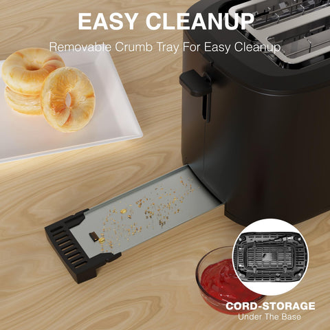 Anfilank crumb tray enables easy cleanup after toasting sessions.