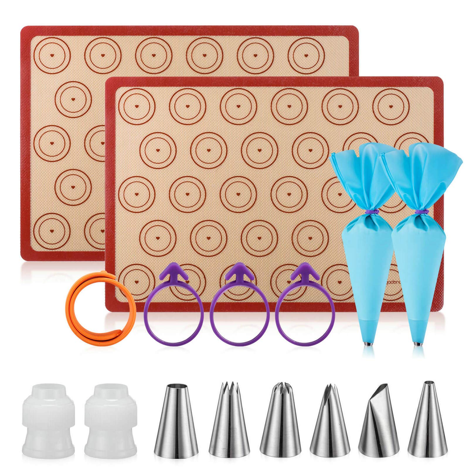 Angadona macaron silicone mats kit displayed for a 16-piece set with nonstick surface