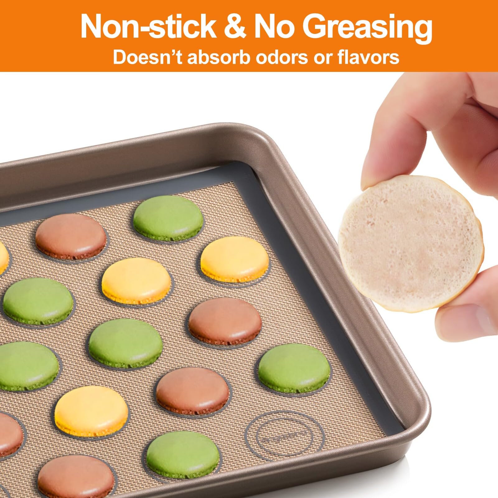 Angadona macaron template lines guide batter portions for uniform shells.