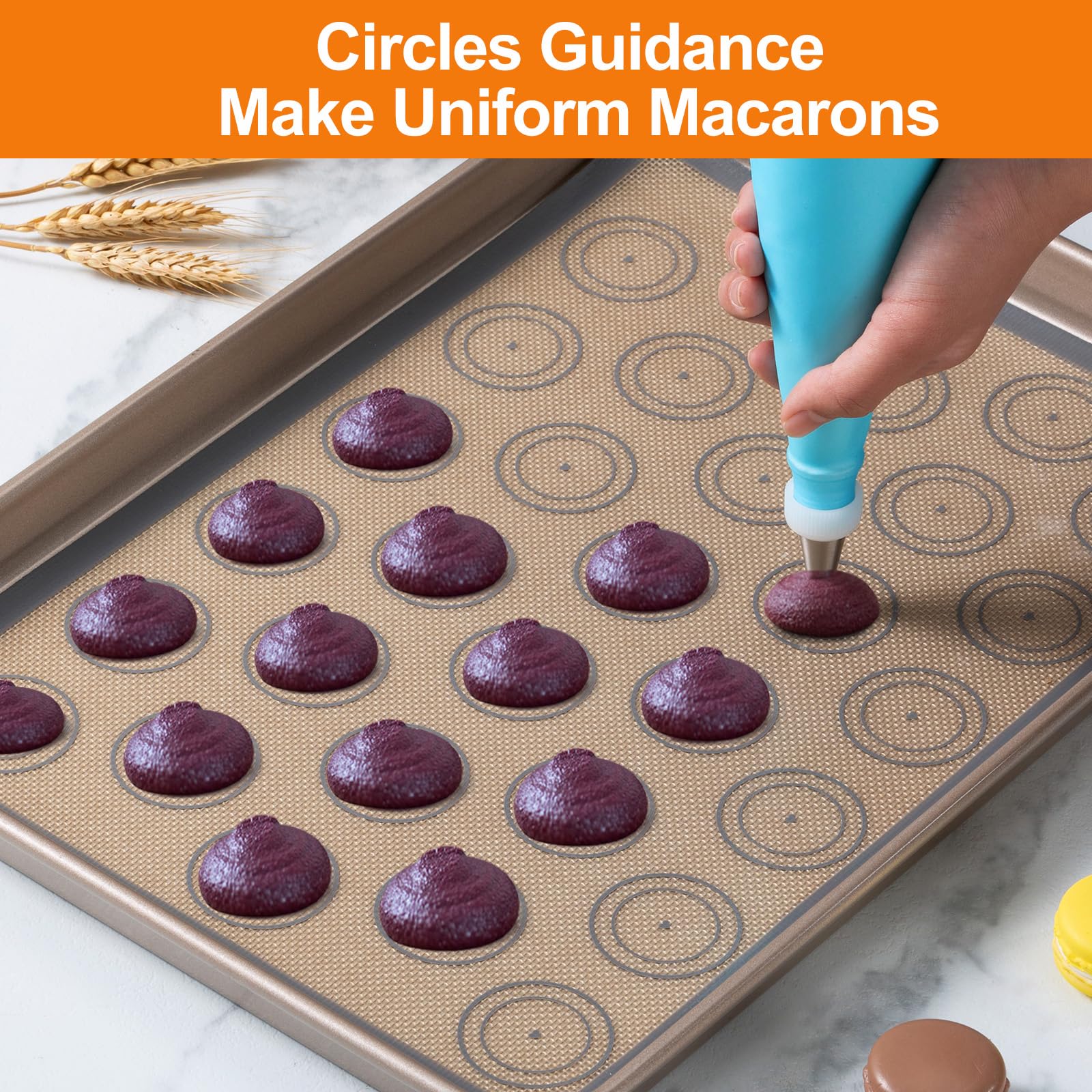 Angadona macaroon mats two-pack on sheet pan for even browning.