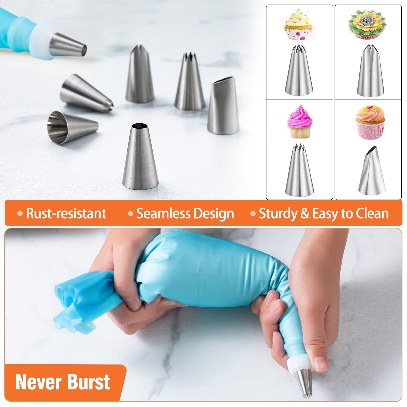 Angadona piping tip bags and couplers support precise decorating.