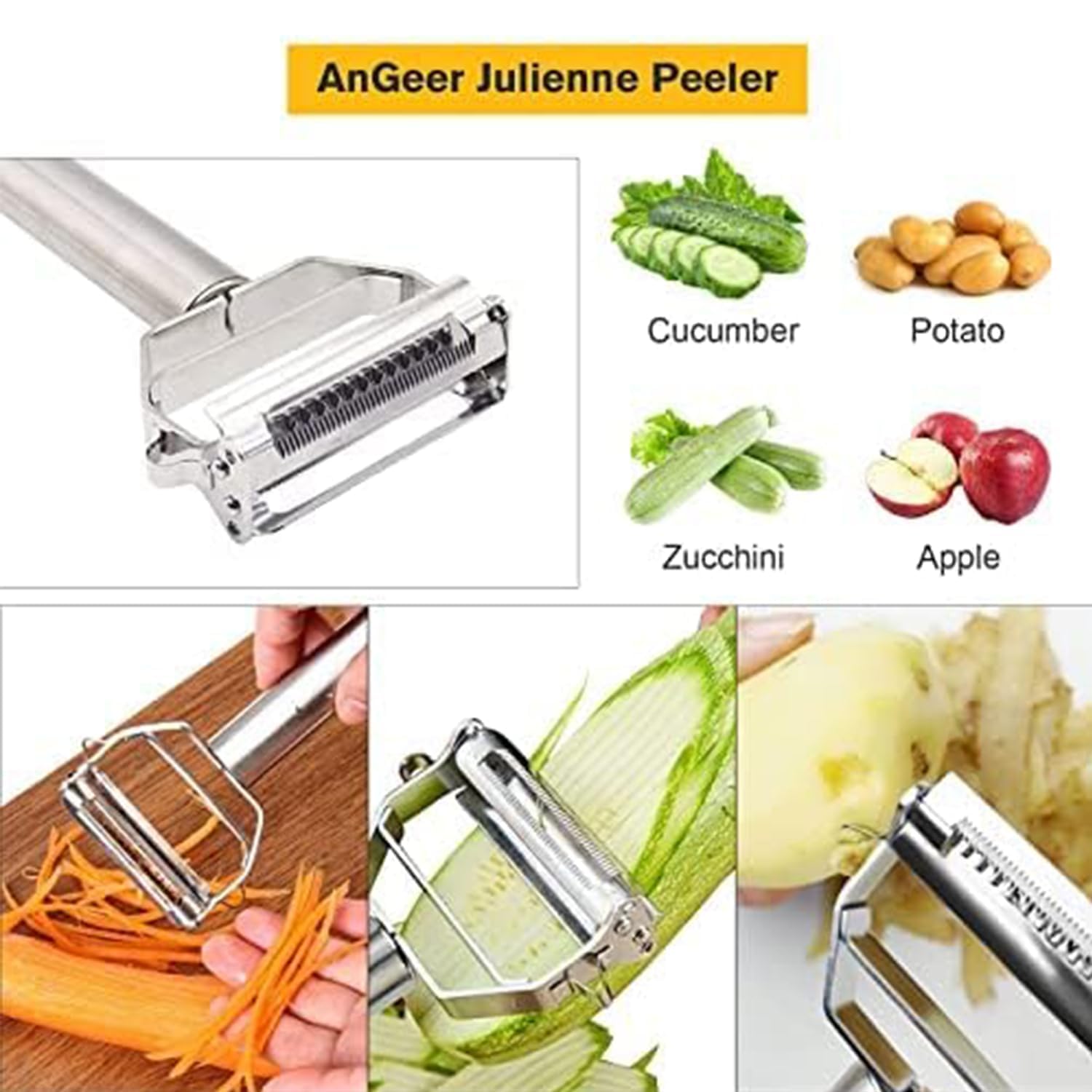 AnGeer Julienne Peeler carrot-peel view highlights sharp stainless blades for precise peeling.