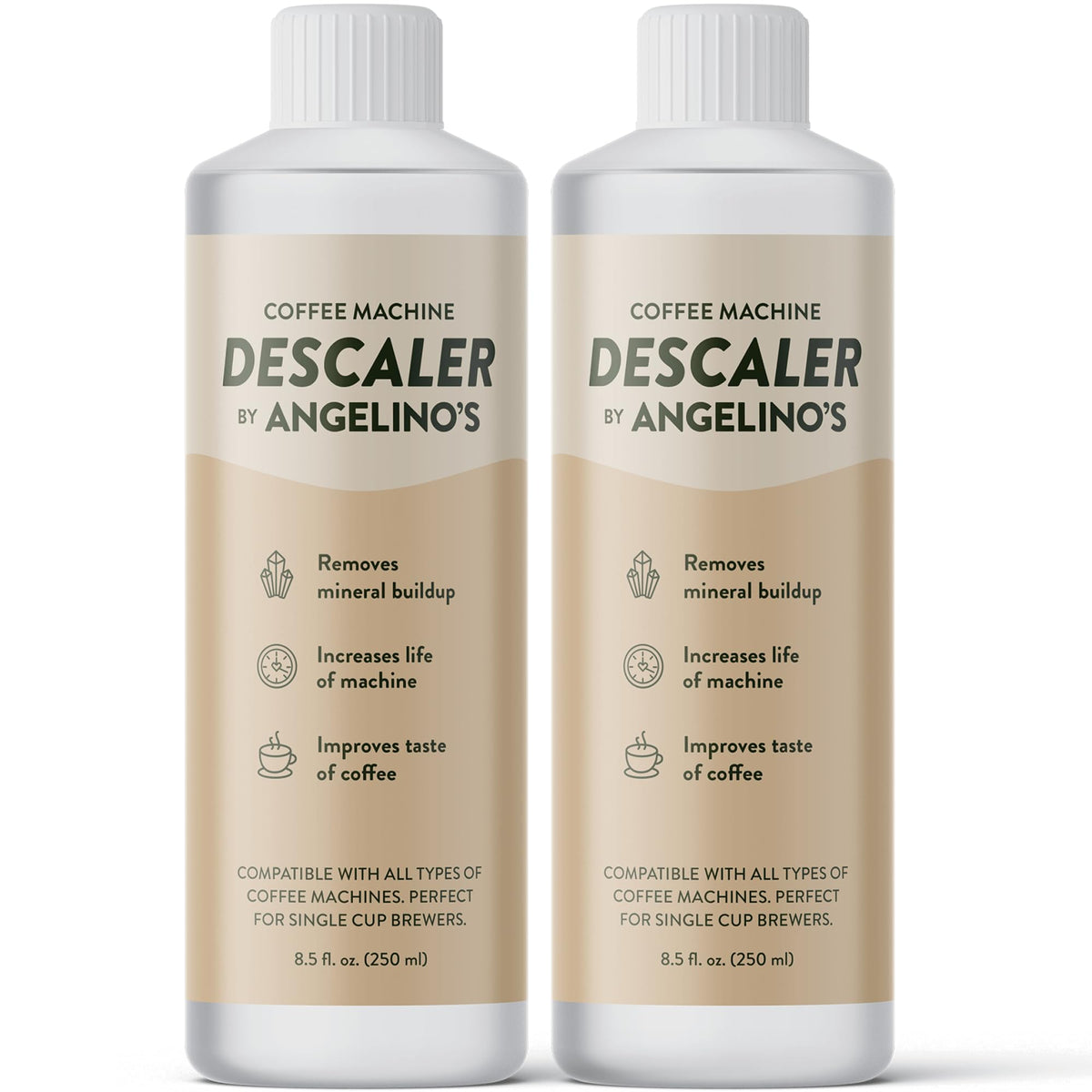 Angelino's Coffee Descaler bottle front view for easy use with Keurig machines.