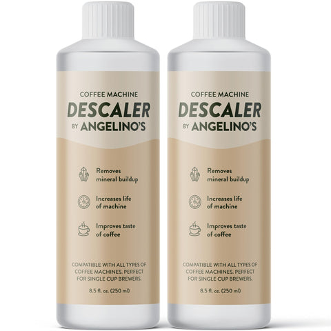 Angelino's Coffee Descaler bottle front view for easy use with Keurig machines.