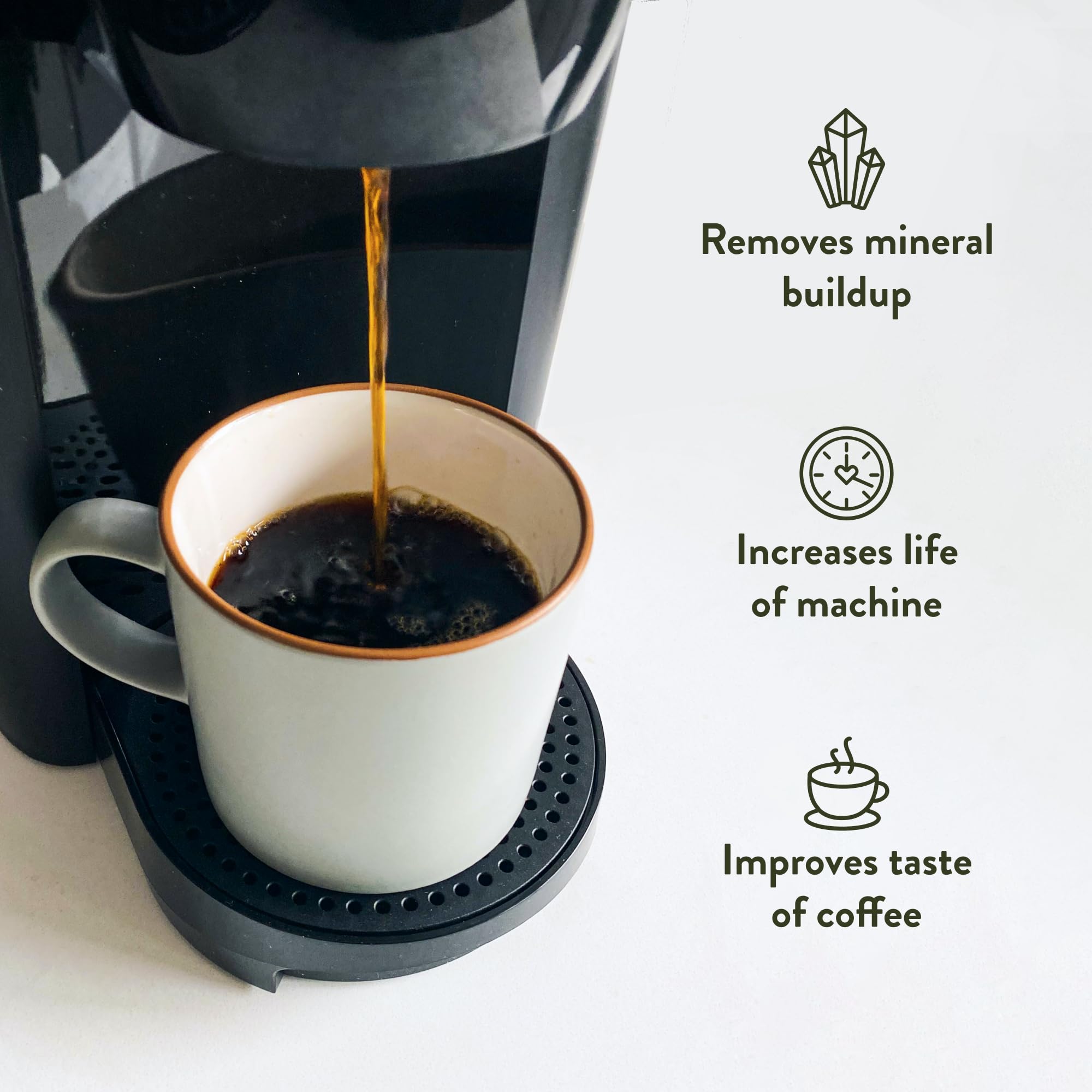 Angelino's Coffee Descaler beside a cup suggests improved coffee taste.