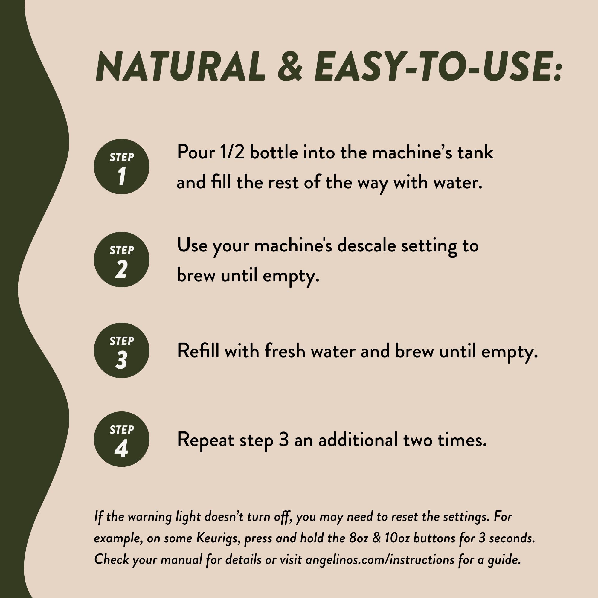 Angelino's Coffee Descaler packaging highlights universal compatibility across many brewers.